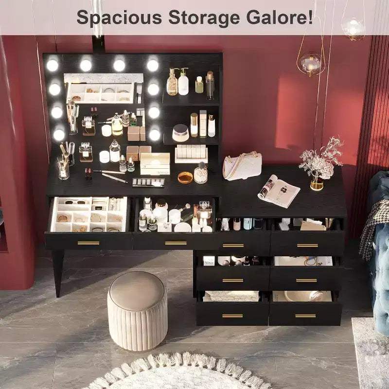 61 Make Up Vanity Desk, 3 Lighting Modes with Adjustable Brightness, Vanity with 8 Wide Storage Drawers & 2 Tier Shelves for Bedroom