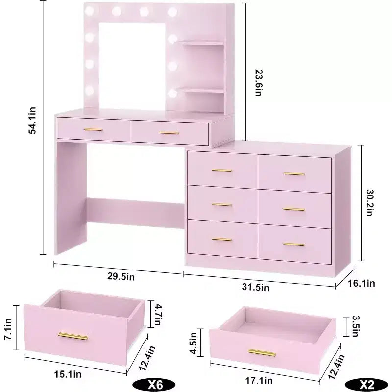 61 Make Up Vanity Desk, 3 Lighting Modes with Adjustable Brightness, Vanity with 8 Wide Storage Drawers & 2 Tier Shelves for Bedroom