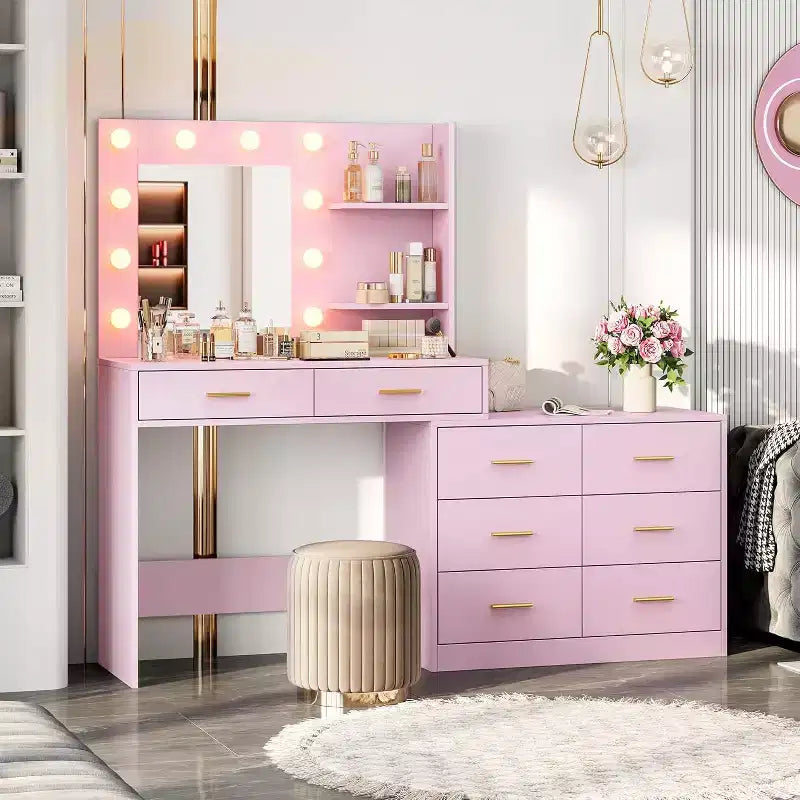 61 Make Up Vanity Desk, 3 Lighting Modes with Adjustable Brightness, Vanity with 8 Wide Storage Drawers & 2 Tier Shelves for Bedroom
