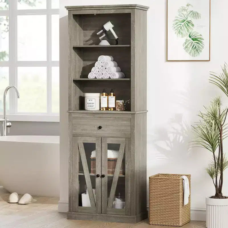 Farmhouse Storage Cabinet with Adjustable Shelves, Tall Bathroom Cabinet with Drawer for Living Room