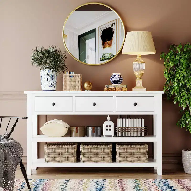 Bellemave Retro Design Console Table with Two Open Shelves, Pine Solid Wood Frame and Legs for Living Room (Antique White)