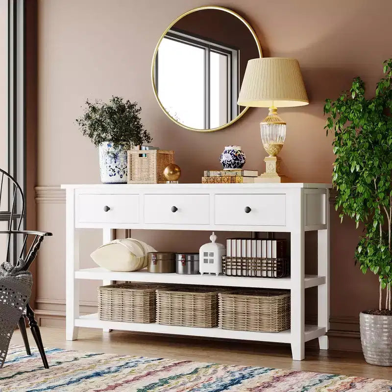 Bellemave Retro Design Console Table with Two Open Shelves, Pine Solid Wood Frame and Legs for Living Room (Antique White)