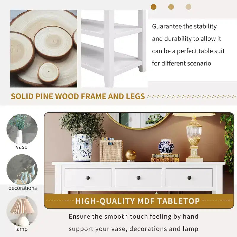 Bellemave Retro Design Console Table with Two Open Shelves, Pine Solid Wood Frame and Legs for Living Room (Antique White)