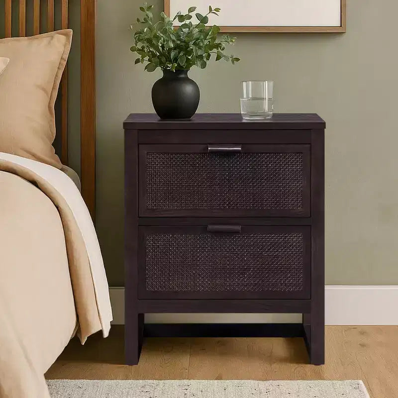 Hatteras Modern Boho 2-Drawer Nightstand with Solid Wood & Natural Rattan Accents-Teamson Home