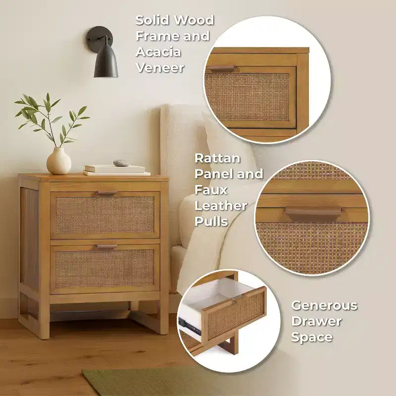 Hatteras Modern Boho 2-Drawer Nightstand with Solid Wood & Natural Rattan Accents-Teamson Home