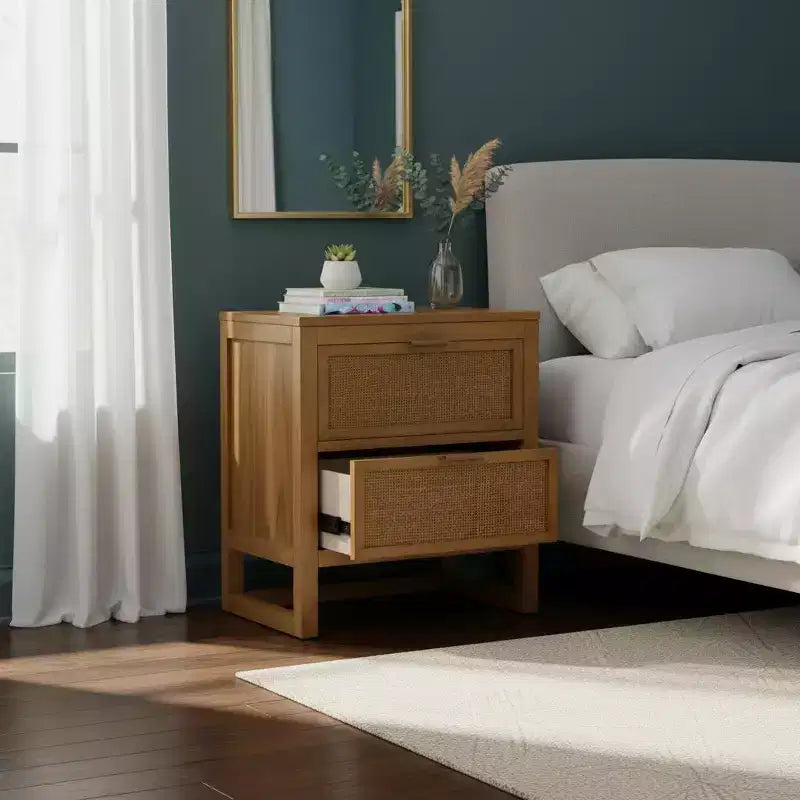 Hatteras Modern Boho 2-Drawer Nightstand with Solid Wood & Natural Rattan Accents-Teamson Home