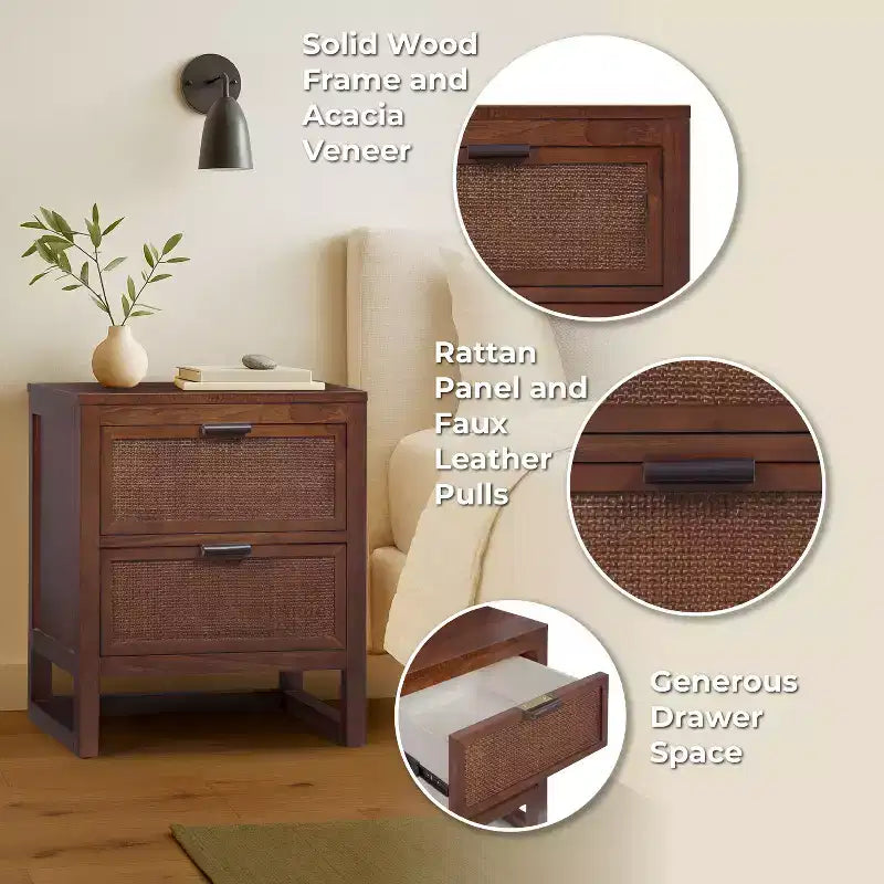 Hatteras Modern Boho 2-Drawer Nightstand with Solid Wood & Natural Rattan Accents-Teamson Home