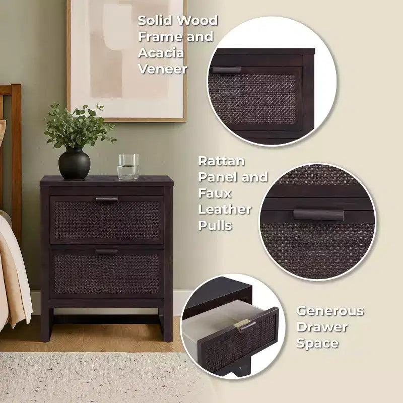 Hatteras Modern Boho 2-Drawer Nightstand with Solid Wood & Natural Rattan Accents-Teamson Home