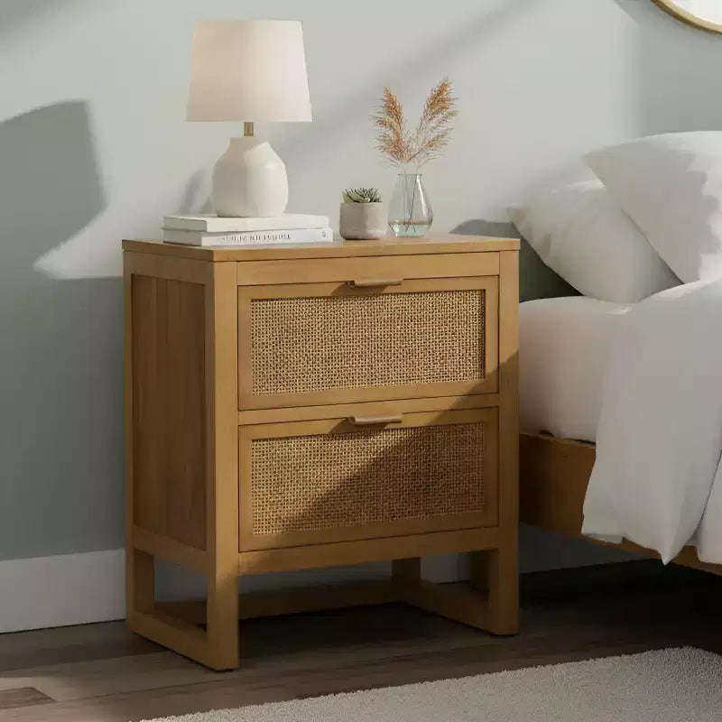 Hatteras Modern Boho 2-Drawer Nightstand with Solid Wood & Natural Rattan Accents-Teamson Home