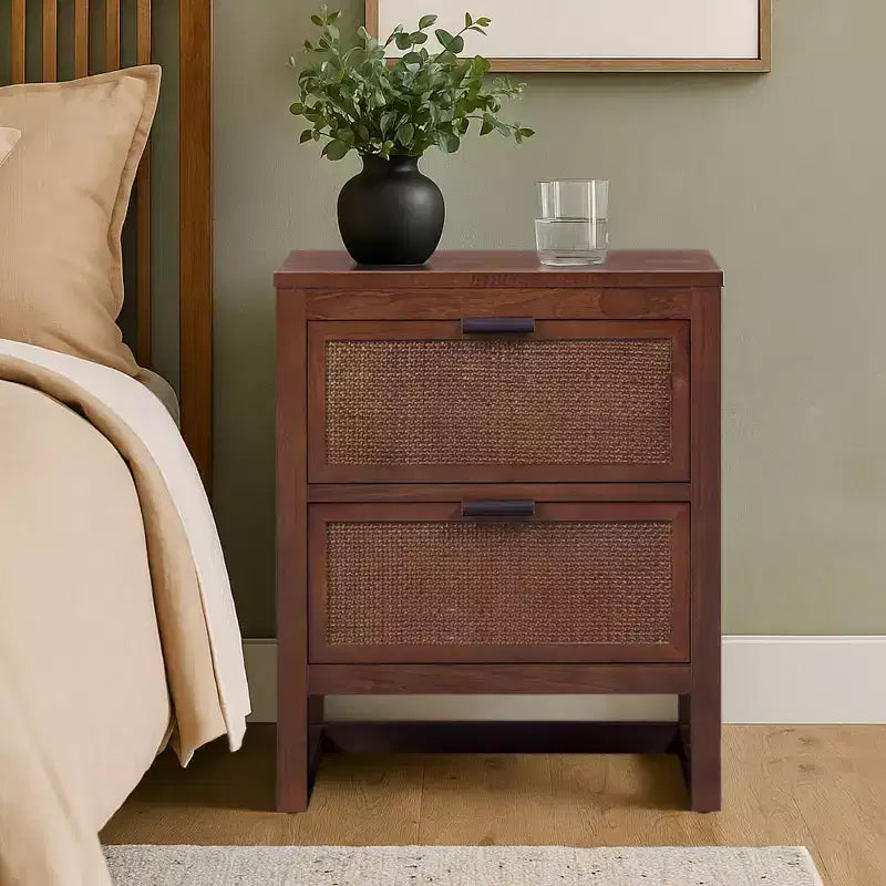 Hatteras Modern Boho 2-Drawer Nightstand with Solid Wood & Natural Rattan Accents-Teamson Home