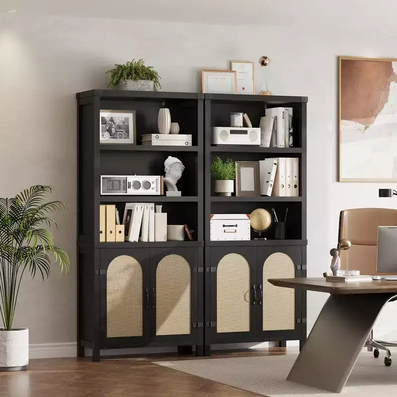 5-Tier Tall Bookshelf with Doors, Storage Cabinet and Bookcase for Living Room or Home Office, Wooden Bookshelves with Rattan Design