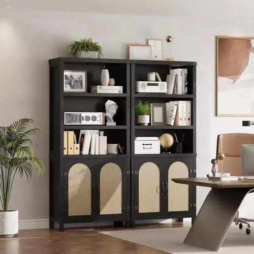 5-Tier Tall Bookshelf with Doors, Storage Cabinet and Bookcase for Living Room or Home Office, Wooden Bookshelves with Rattan Design