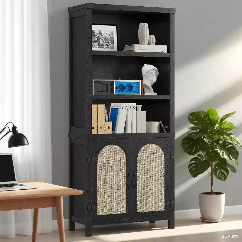 5-Tier Tall Bookshelf with Doors, Storage Cabinet and Bookcase for Living Room or Home Office, Wooden Bookshelves with Rattan Design
