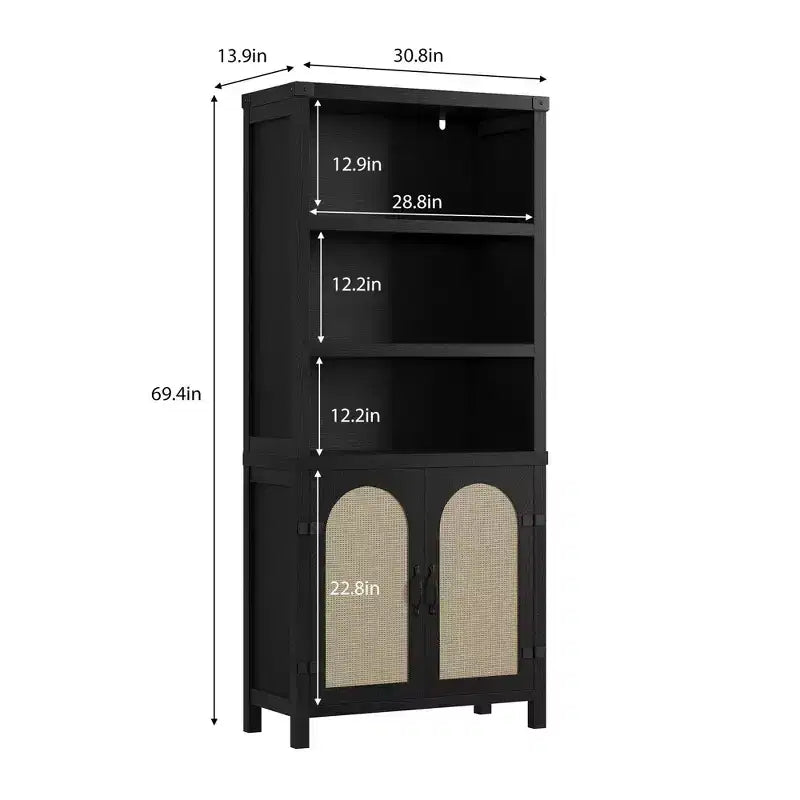 5-Tier Tall Bookshelf with Doors, Storage Cabinet and Bookcase for Living Room or Home Office, Wooden Bookshelves with Rattan Design