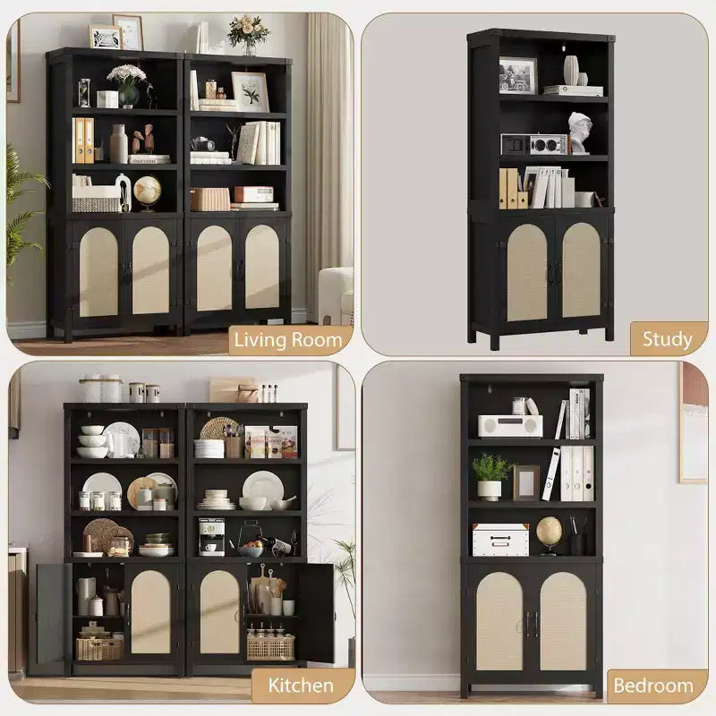 5-Tier Tall Bookshelf with Doors, Storage Cabinet and Bookcase for Living Room or Home Office, Wooden Bookshelves with Rattan Design