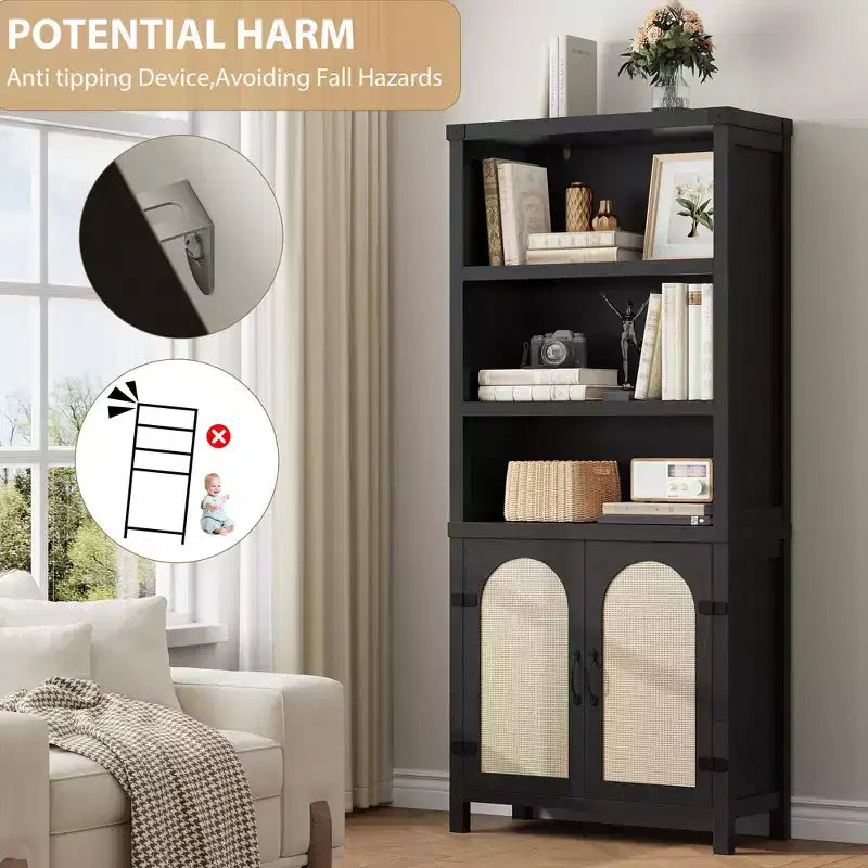 5-Tier Tall Bookshelf with Doors, Storage Cabinet and Bookcase for Living Room or Home Office, Wooden Bookshelves with Rattan Design