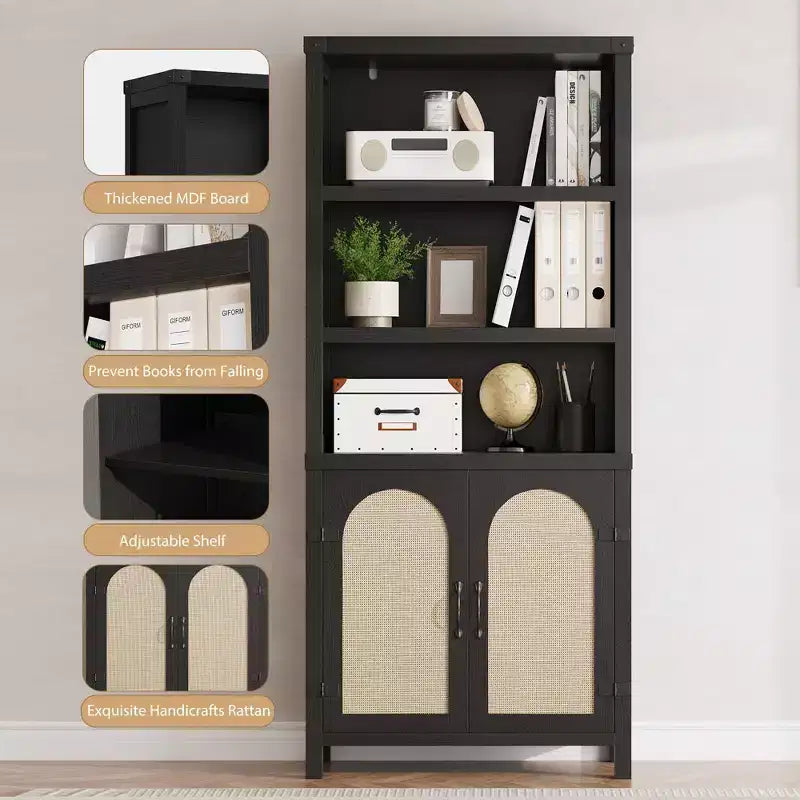 5-Tier Tall Bookshelf with Doors, Storage Cabinet and Bookcase for Living Room or Home Office, Wooden Bookshelves with Rattan Design