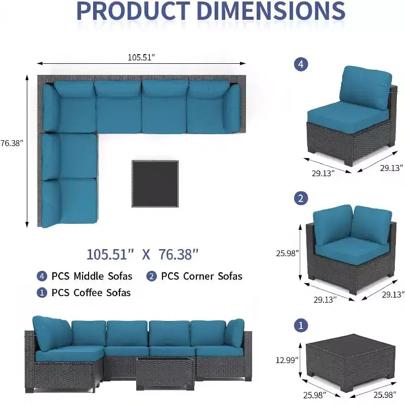 7-Piece Outdoor Patio Furniture Set - All-Weather PE Wicker Sectional Sofa with Cushions and Glass Coffee Table, Modular 6-Seater Living Room Set