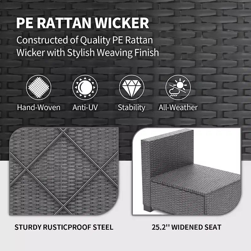 7-Piece Outdoor Patio Furniture Set - All-Weather PE Wicker Sectional Sofa with Cushions and Glass Coffee Table, Modular 6-Seater Living Room Set