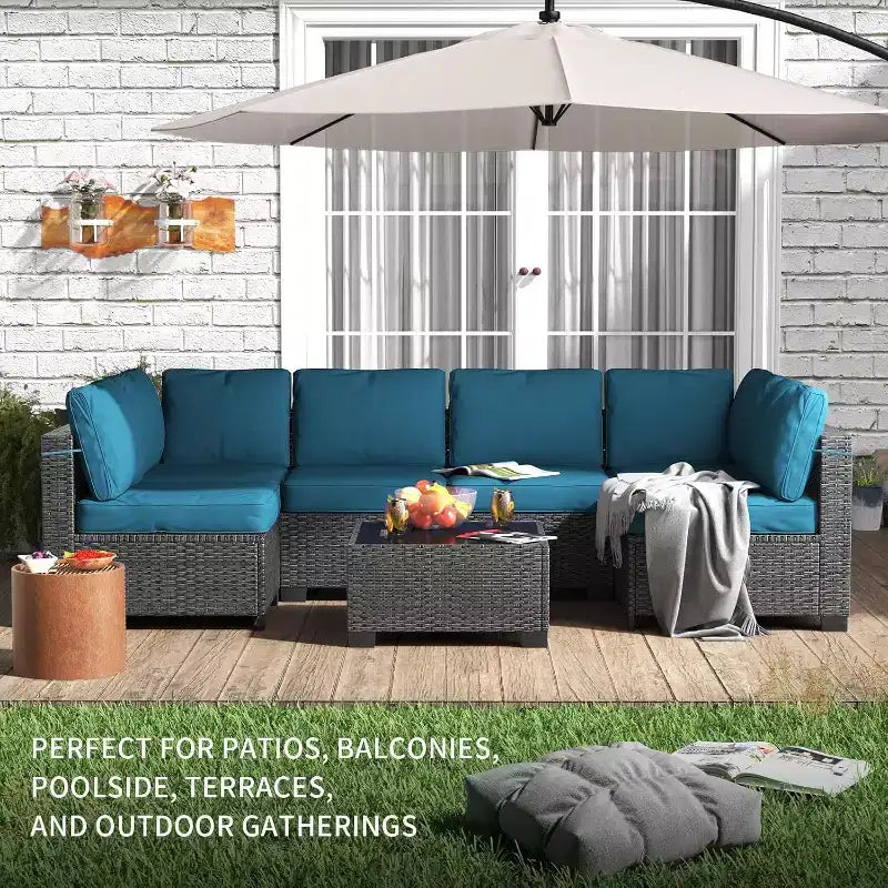 7-Piece Outdoor Patio Furniture Set - All-Weather PE Wicker Sectional Sofa with Cushions and Glass Coffee Table, Modular 6-Seater Living Room Set