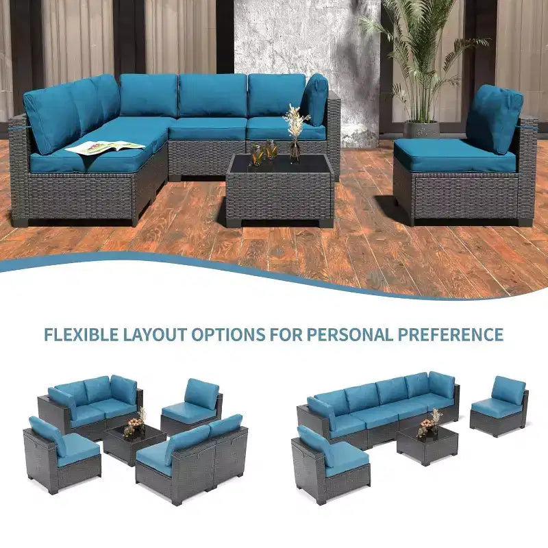 7-Piece Outdoor Patio Furniture Set - All-Weather PE Wicker Sectional Sofa with Cushions and Glass Coffee Table, Modular 6-Seater Living Room Set