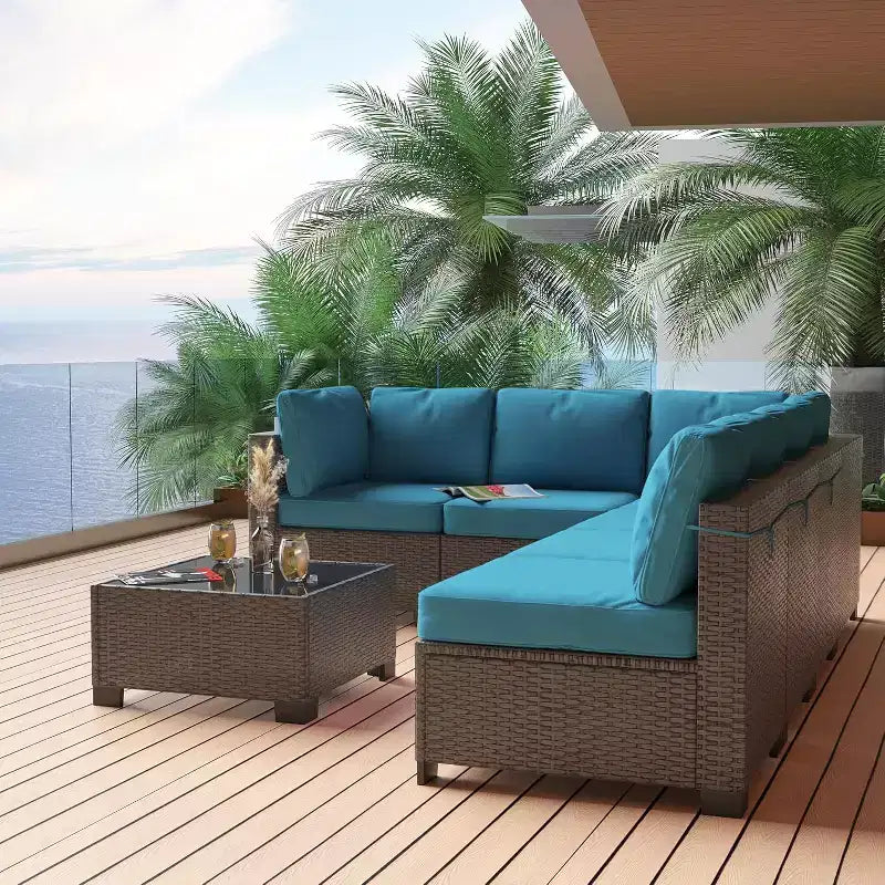 7-Piece Outdoor Patio Furniture Set - All-Weather PE Wicker Sectional Sofa with Cushions and Glass Coffee Table, Modular 6-Seater Living Room Set