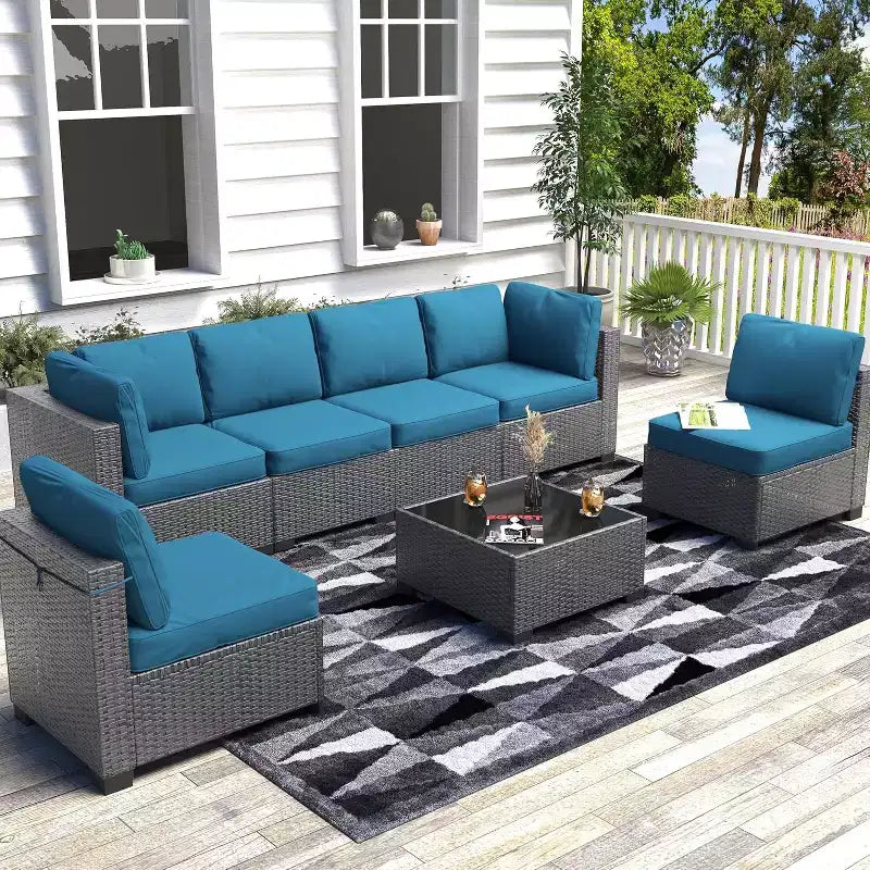 7-Piece Outdoor Patio Furniture Set - All-Weather PE Wicker Sectional Sofa with Cushions and Glass Coffee Table, Modular 6-Seater Living Room Set