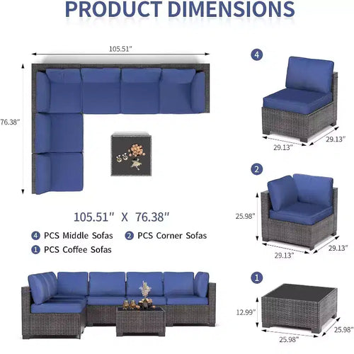7-Piece Outdoor Patio Furniture Set - All-Weather PE Wicker Sectional Sofa with Cushions and Glass Coffee Table, Modular 6-Seater Living Room Set