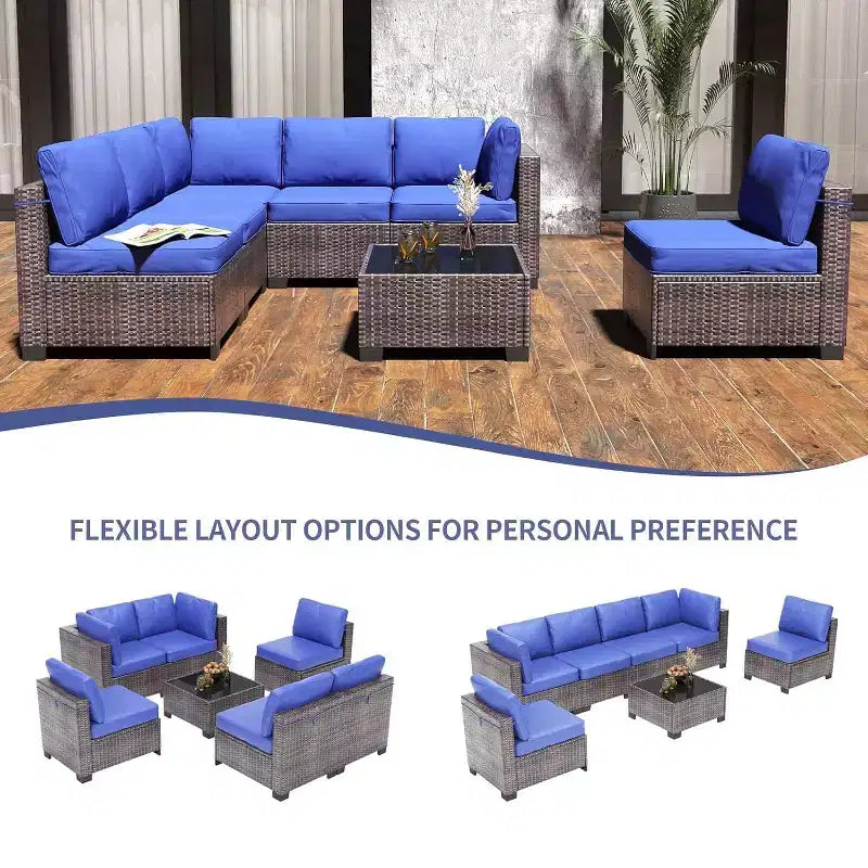 7-Piece Outdoor Patio Furniture Set - All-Weather PE Wicker Sectional Sofa with Cushions and Glass Coffee Table, Modular 6-Seater Living Room Set