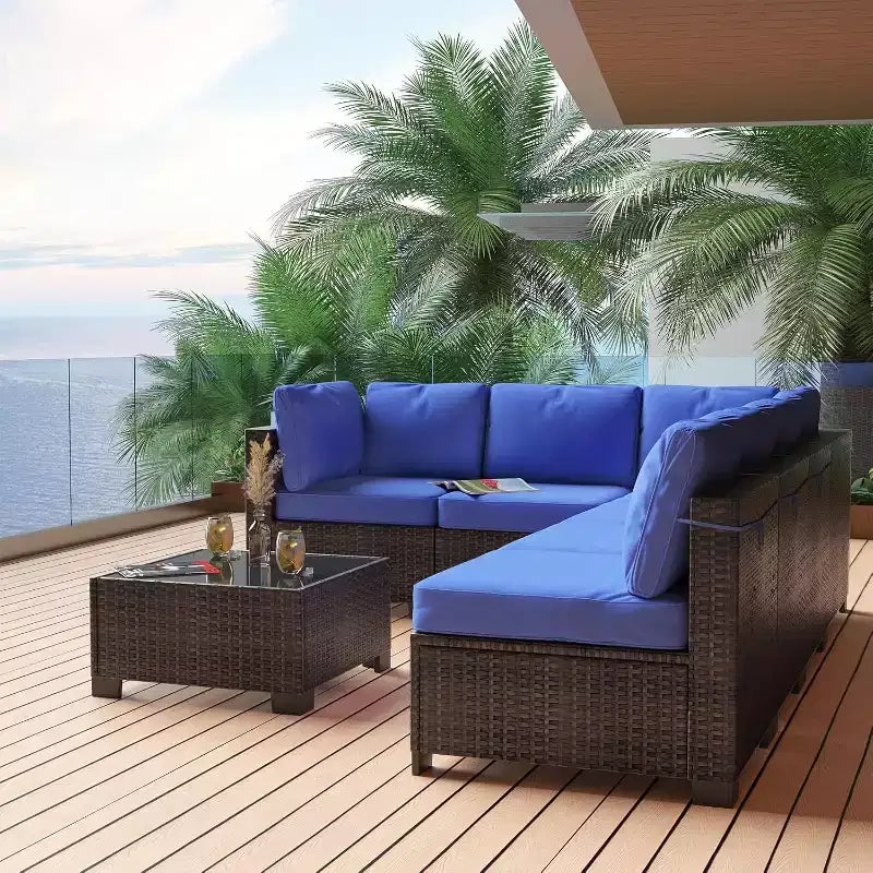7-Piece Outdoor Patio Furniture Set - All-Weather PE Wicker Sectional Sofa with Cushions and Glass Coffee Table, Modular 6-Seater Living Room Set