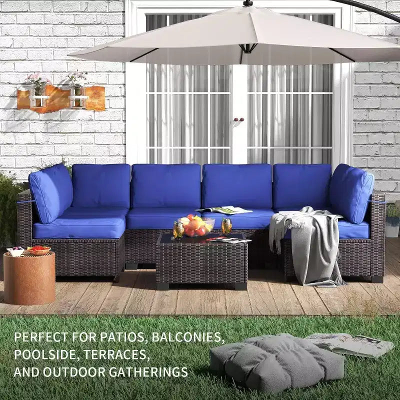 7-Piece Outdoor Patio Furniture Set - All-Weather PE Wicker Sectional Sofa with Cushions and Glass Coffee Table, Modular 6-Seater Living Room Set