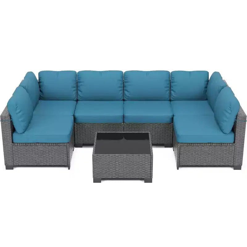 7-Piece Outdoor Patio Furniture Set - All-Weather PE Wicker Sectional Sofa with Cushions and Glass Coffee Table, Modular 6-Seater Living Room Set