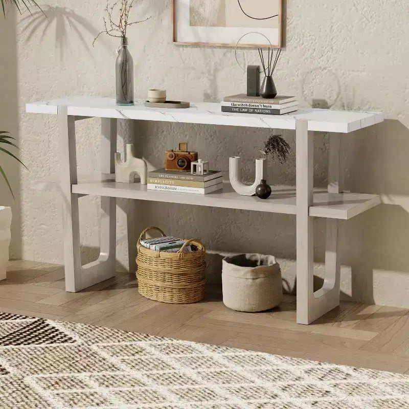 Okak 54IN Retro Narrow Console Table, Entryway Table with Open Shelf and Marble-Effect Tabletop, Hallway Table for Living Room, Foyer