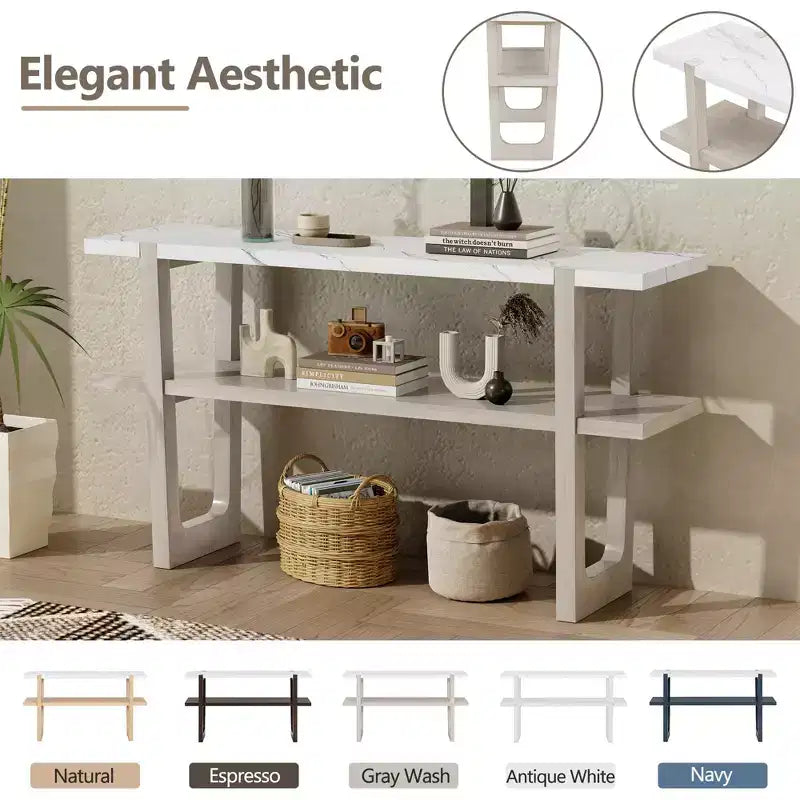 Okak 54IN Retro Narrow Console Table, Entryway Table with Open Shelf and Marble-Effect Tabletop, Hallway Table for Living Room, Foyer
