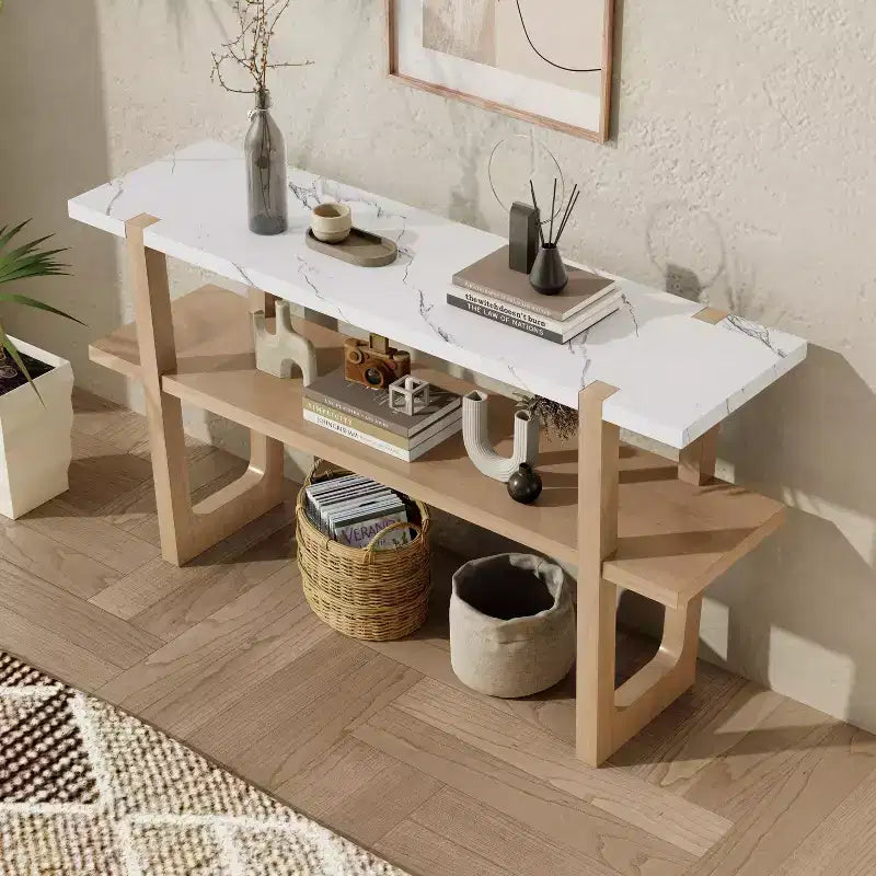 Okak 54IN Retro Narrow Console Table, Entryway Table with Open Shelf and Marble-Effect Tabletop, Hallway Table for Living Room, Foyer