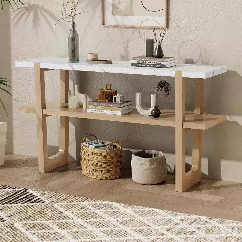 Okak 54IN Retro Narrow Console Table, Entryway Table with Open Shelf and Marble-Effect Tabletop, Hallway Table for Living Room, Foyer