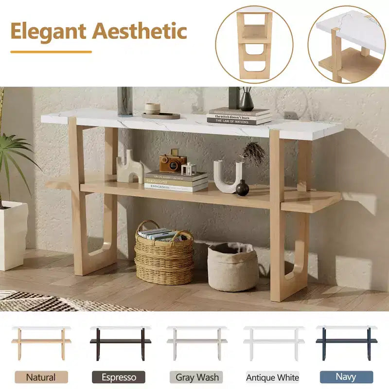 Okak 54IN Retro Narrow Console Table, Entryway Table with Open Shelf and Marble-Effect Tabletop, Hallway Table for Living Room, Foyer
