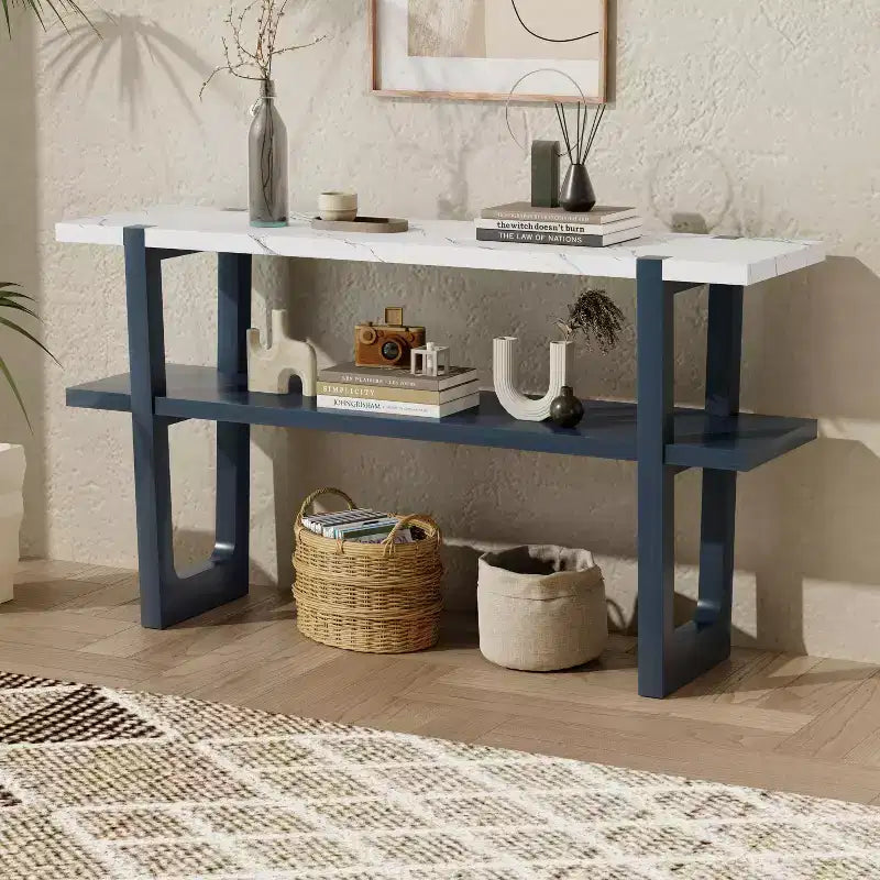 Okak 54IN Retro Narrow Console Table, Entryway Table with Open Shelf and Marble-Effect Tabletop, Hallway Table for Living Room, Foyer