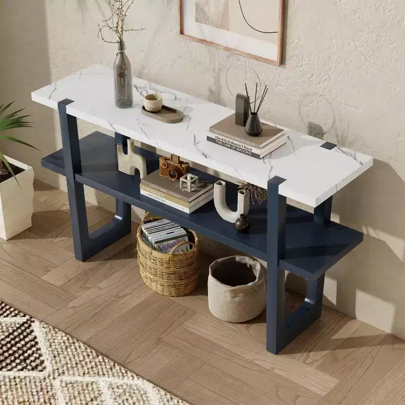 Okak 54IN Retro Narrow Console Table, Entryway Table with Open Shelf and Marble-Effect Tabletop, Hallway Table for Living Room, Foyer