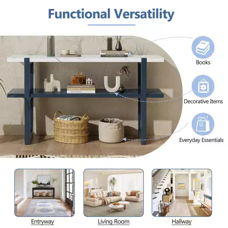 Okak 54IN Retro Narrow Console Table, Entryway Table with Open Shelf and Marble-Effect Tabletop, Hallway Table for Living Room, Foyer