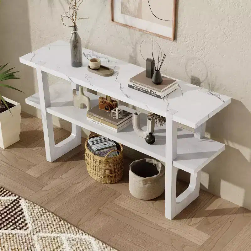 Okak 54IN Retro Narrow Console Table, Entryway Table with Open Shelf and Marble-Effect Tabletop, Hallway Table for Living Room, Foyer