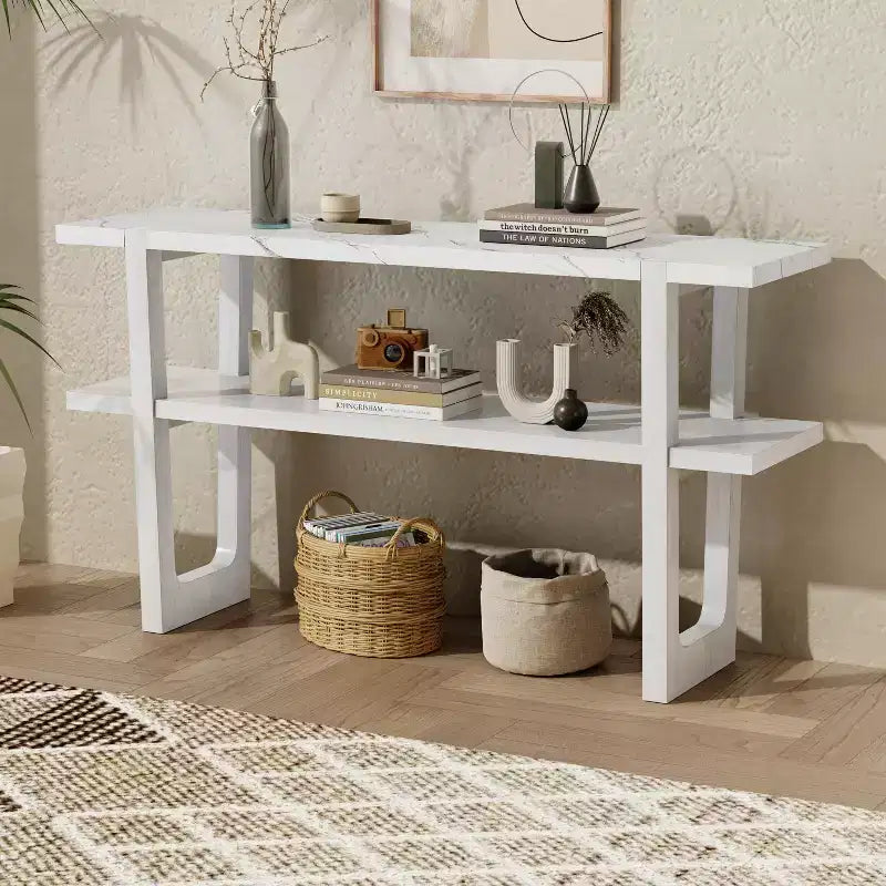 Okak 54IN Retro Narrow Console Table, Entryway Table with Open Shelf and Marble-Effect Tabletop, Hallway Table for Living Room, Foyer