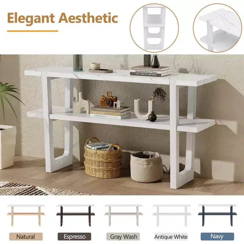 Okak 54IN Retro Narrow Console Table, Entryway Table with Open Shelf and Marble-Effect Tabletop, Hallway Table for Living Room, Foyer