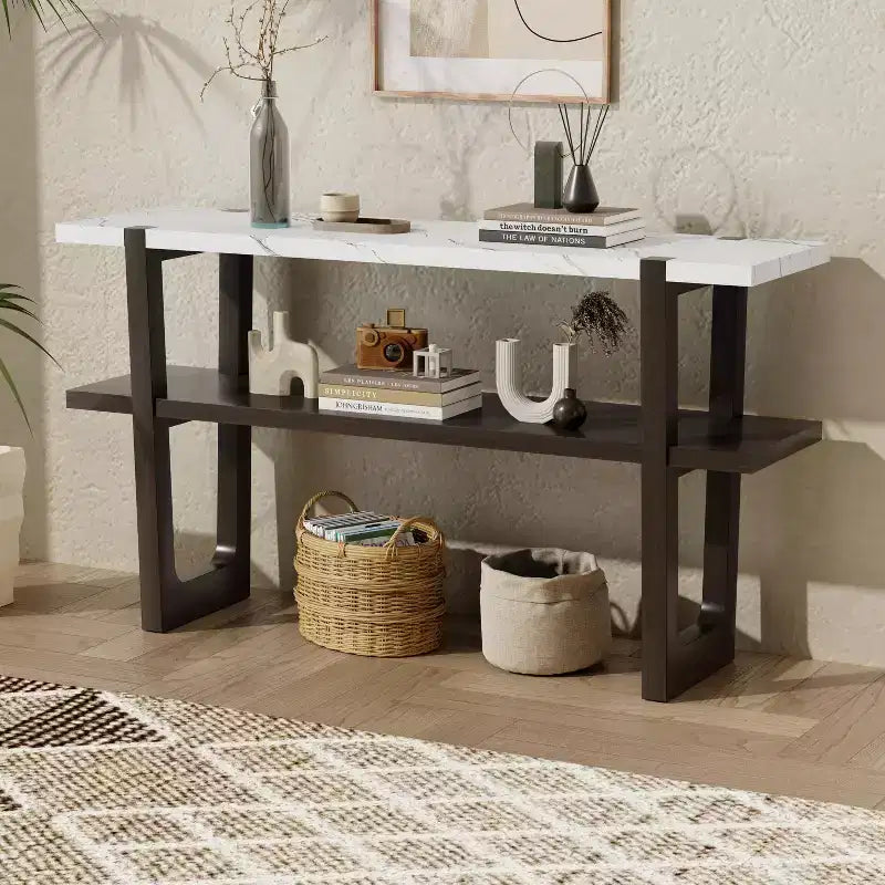 Okak 54IN Retro Narrow Console Table, Entryway Table with Open Shelf and Marble-Effect Tabletop, Hallway Table for Living Room, Foyer