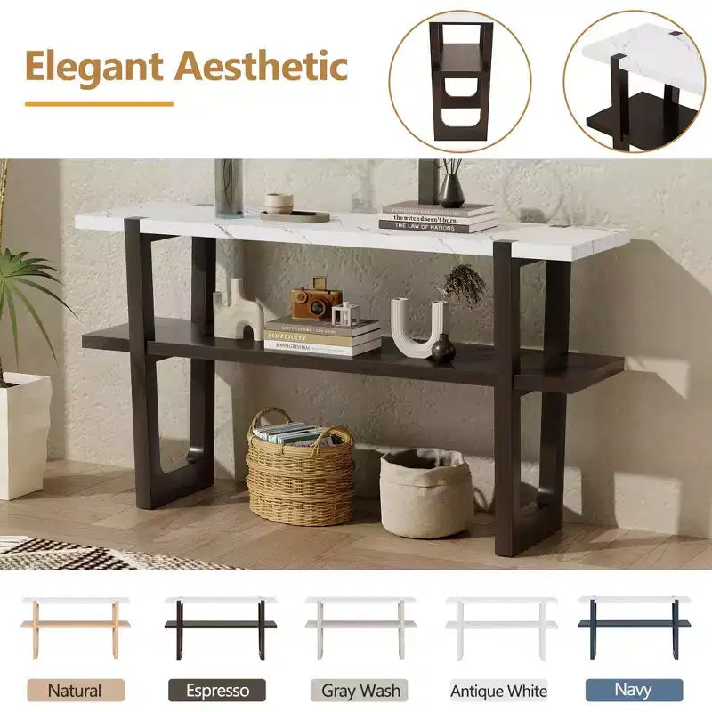 Okak 54IN Retro Narrow Console Table, Entryway Table with Open Shelf and Marble-Effect Tabletop, Hallway Table for Living Room, Foyer