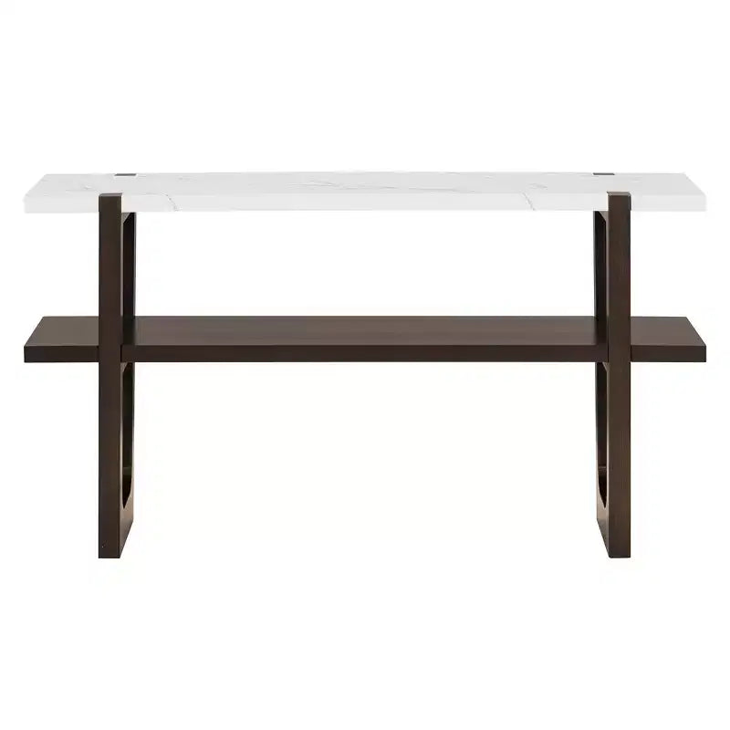 Okak 54IN Retro Narrow Console Table, Entryway Table with Open Shelf and Marble-Effect Tabletop, Hallway Table for Living Room, Foyer