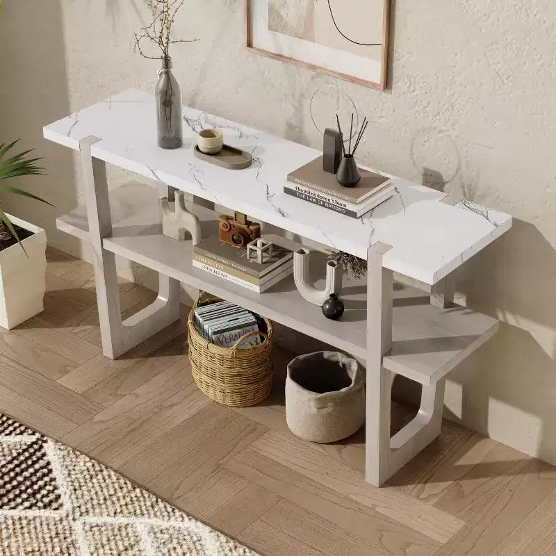 Okak 54IN Retro Narrow Console Table, Entryway Table with Open Shelf and Marble-Effect Tabletop, Hallway Table for Living Room, Foyer