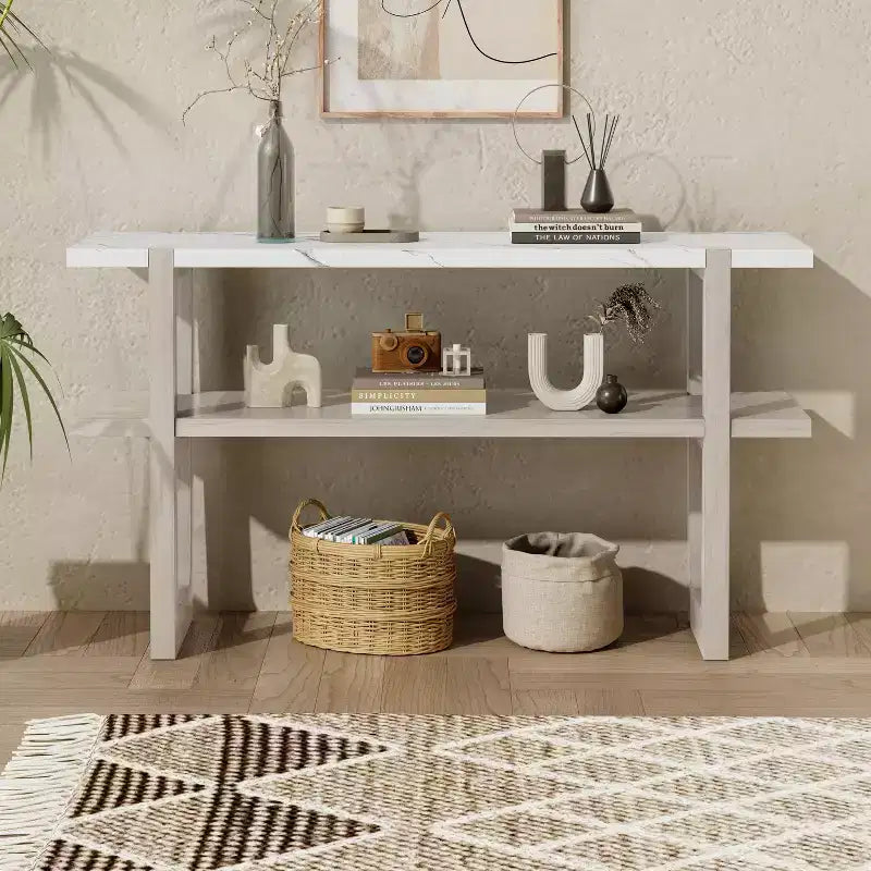 Okak 54IN Retro Narrow Console Table, Entryway Table with Open Shelf and Marble-Effect Tabletop, Hallway Table for Living Room, Foyer