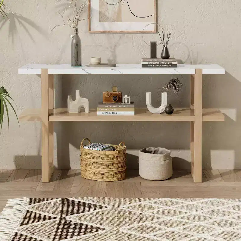 Okak 54IN Retro Narrow Console Table, Entryway Table with Open Shelf and Marble-Effect Tabletop, Hallway Table for Living Room, Foyer