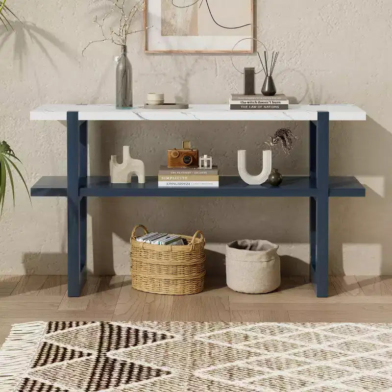 Okak 54IN Retro Narrow Console Table, Entryway Table with Open Shelf and Marble-Effect Tabletop, Hallway Table for Living Room, Foyer